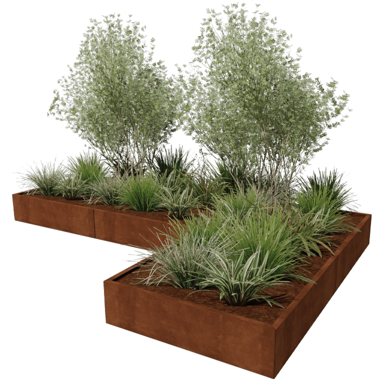Jardinera de acero corten - Forma de L - 360 x 240 cm