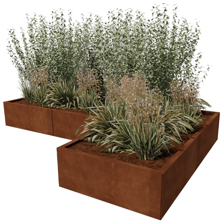 Jardinera de acero corten - Forma de L - 240 x 160 cm