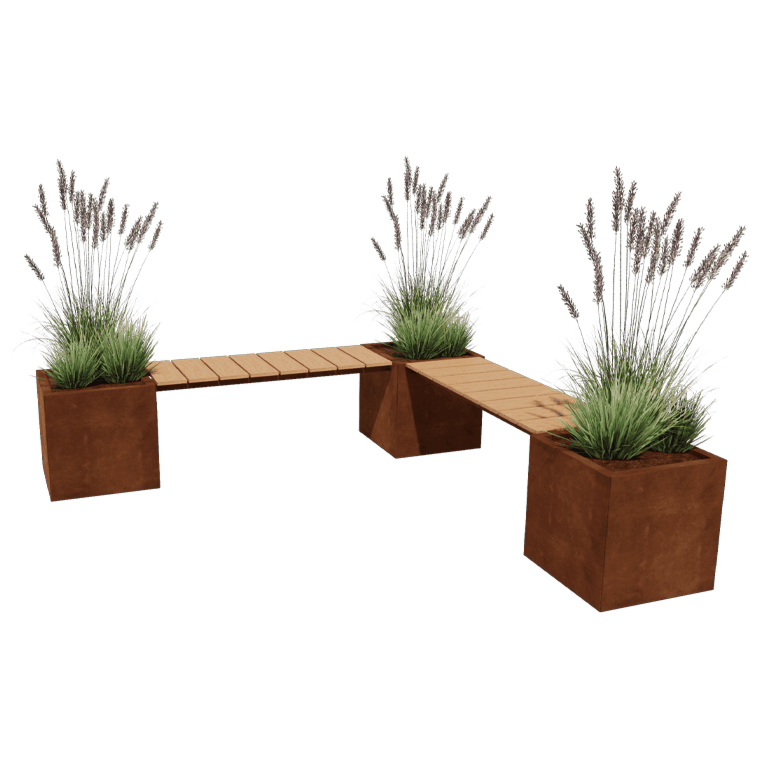 Jardinera de acero corten - Cuadrado - Configuración en esquina - 221,2 x 221,2 x 50 cm - Con banco
